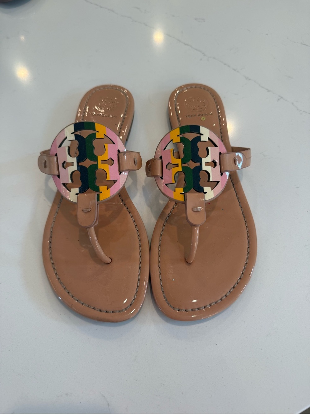 Tory Burch Nude Patent Leather Thong Sandals with Multicolor Logo